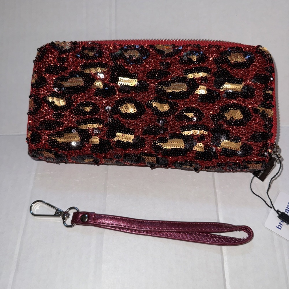 Brentano Leopard Sequin Double Zip Around Wallet Black Gold Animal Print NEW NWT